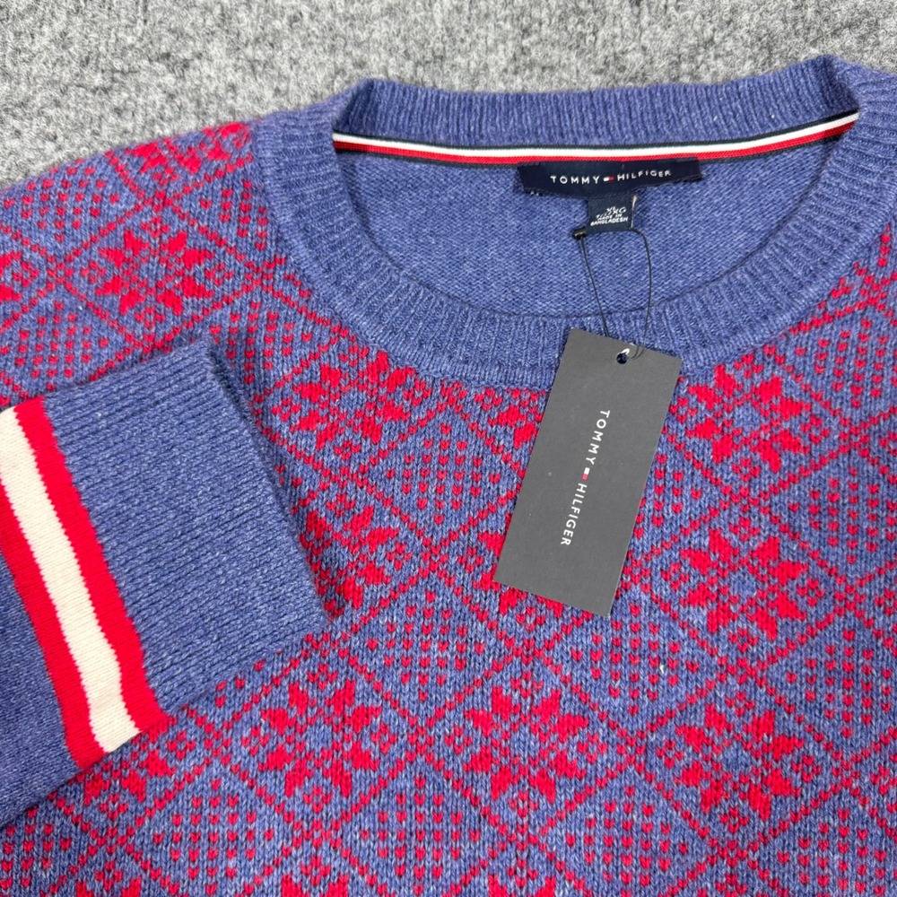 Tommy Hilfiger Snowflake Fair Isle Sweater Womens XL Blue Red Cotton Wool NWT